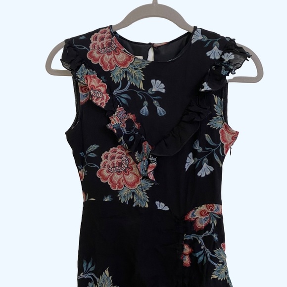 Pinko Black Floral Mid Length Ruched Cocktail Dress Ruffle Tie Hem Midi Lined - Picture 4 of 4